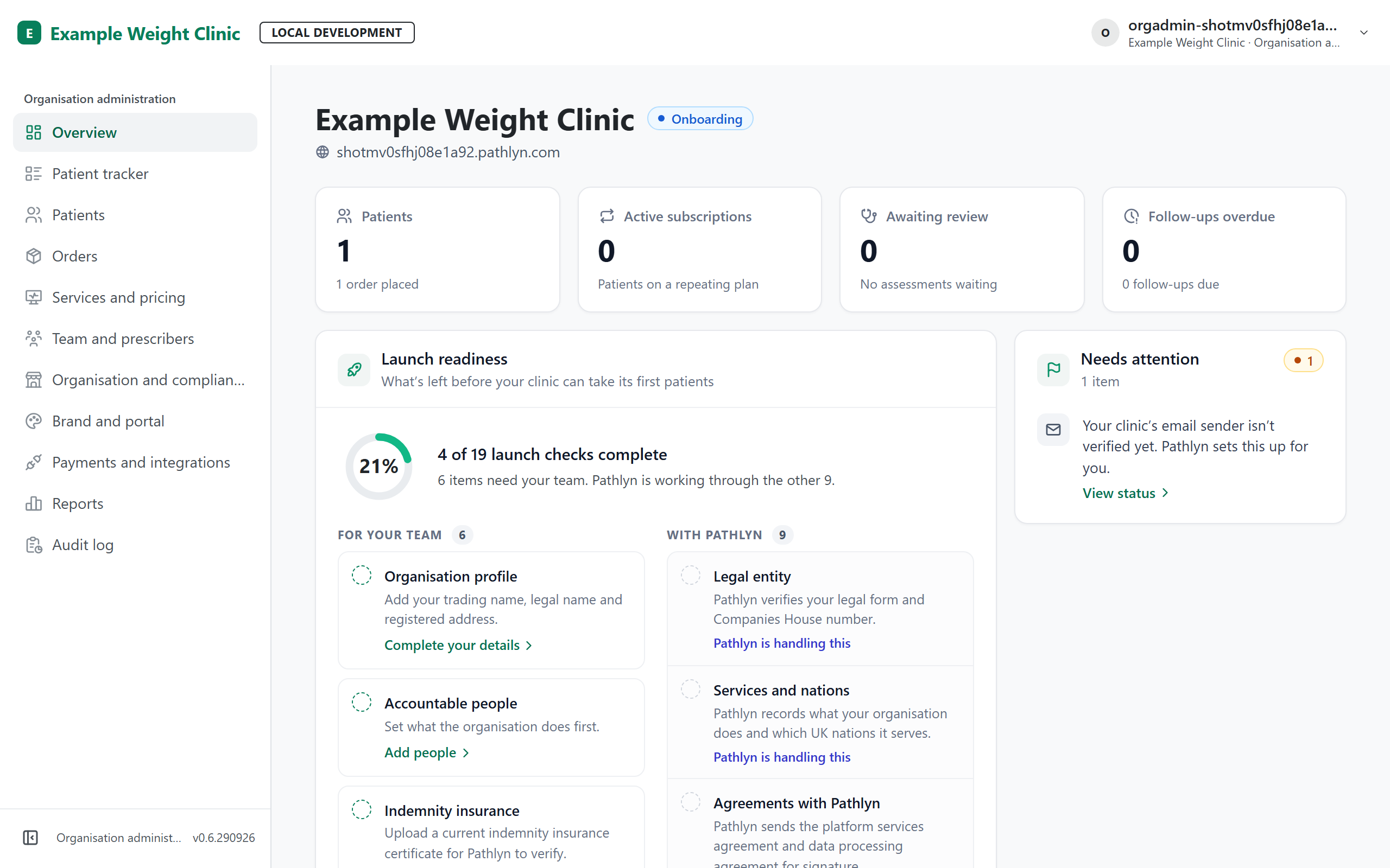 Pathlyn organisation admin overview for a synthetic clinic