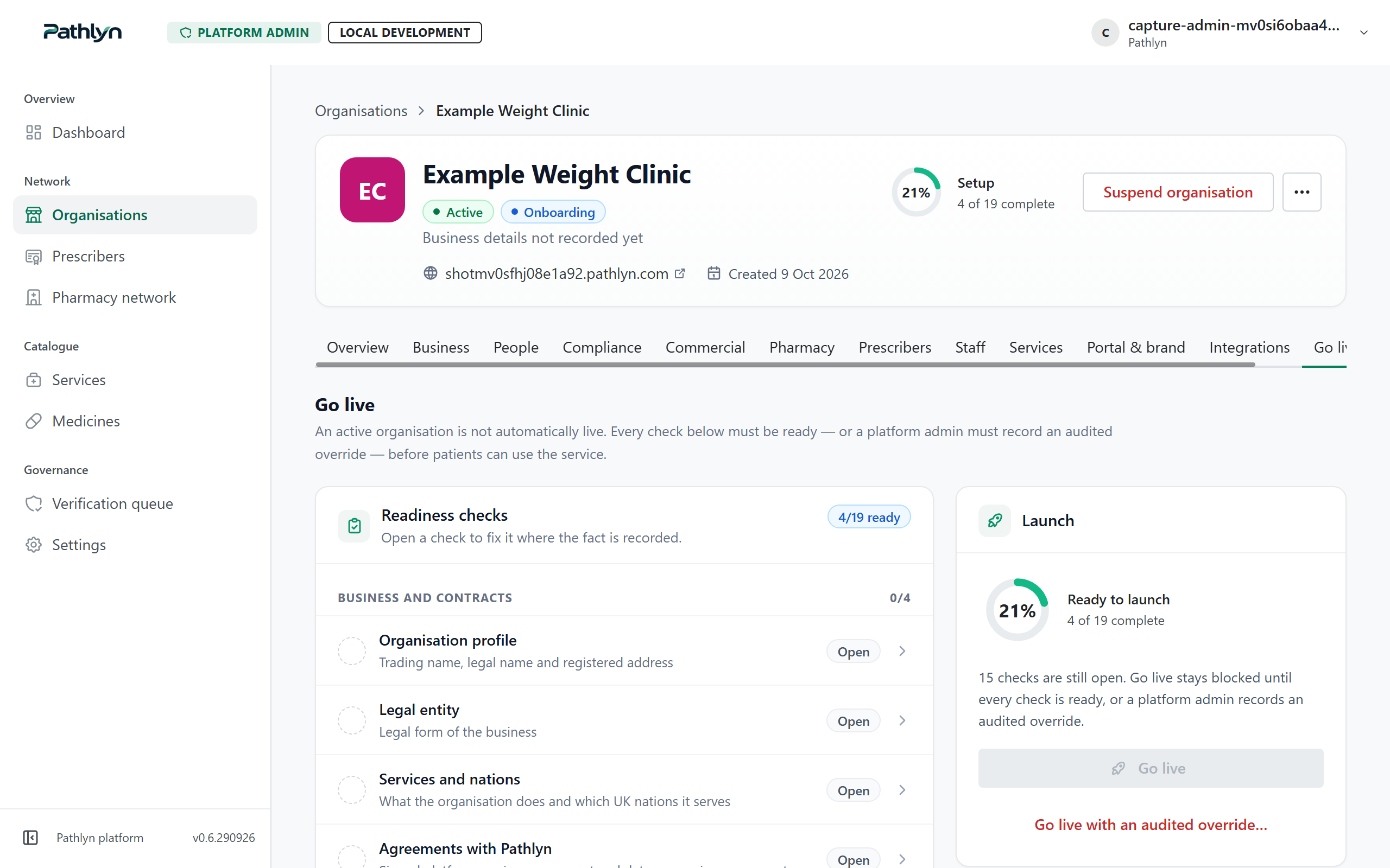 Pathlyn platform onboarding go-live checklist for a fictional clinic