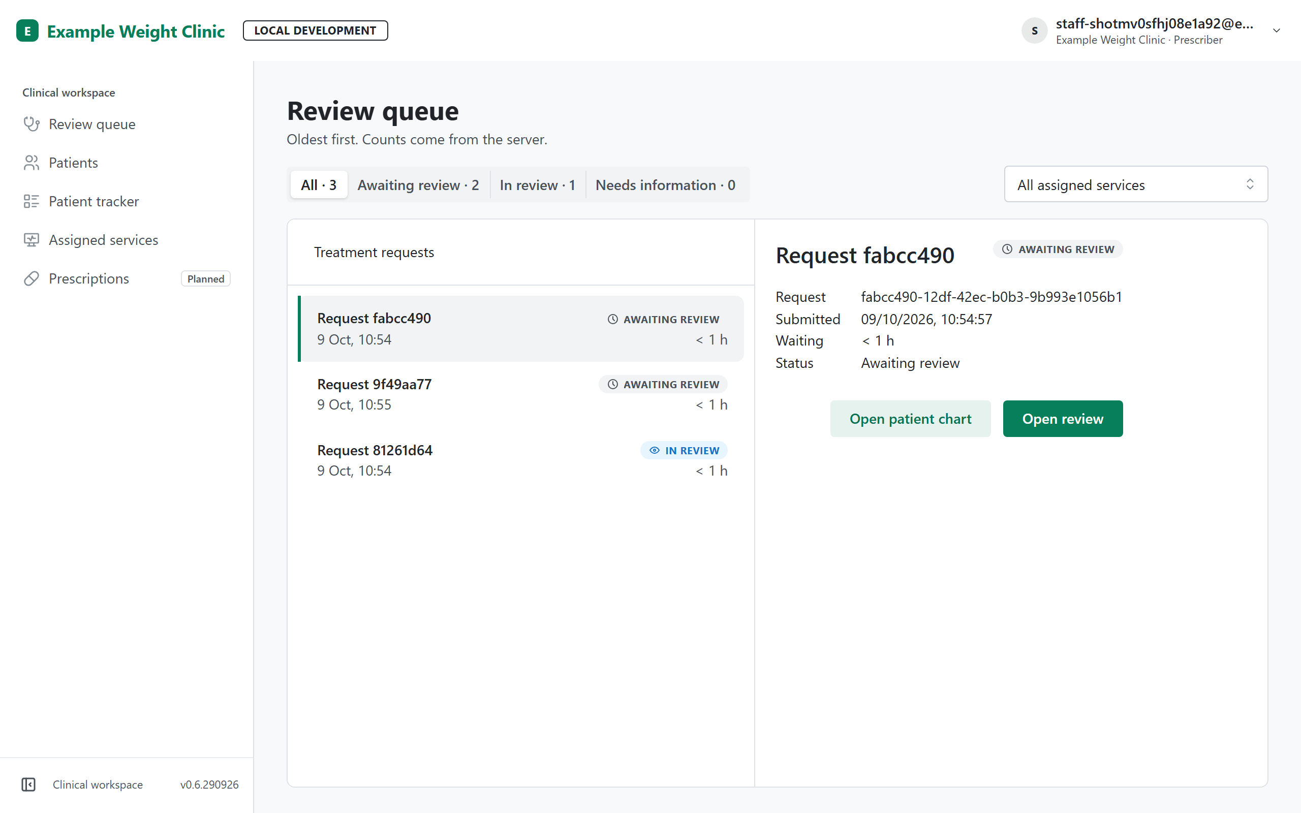 Pathlyn prescriber review queue with requests awaiting review and under review, with synthetic data