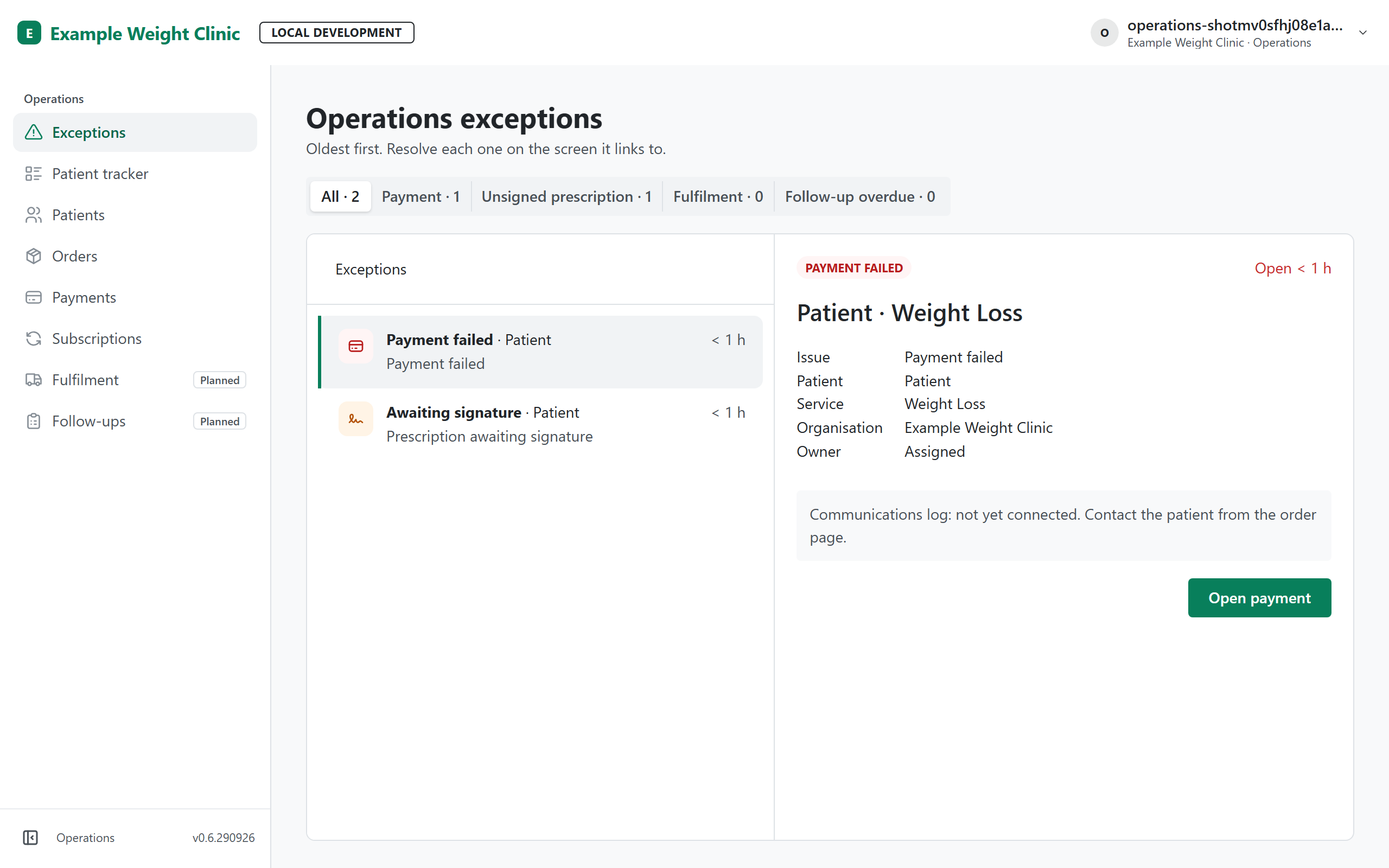 Pathlyn operations exception queue listing a failed payment and a prescription awaiting signature, with synthetic data